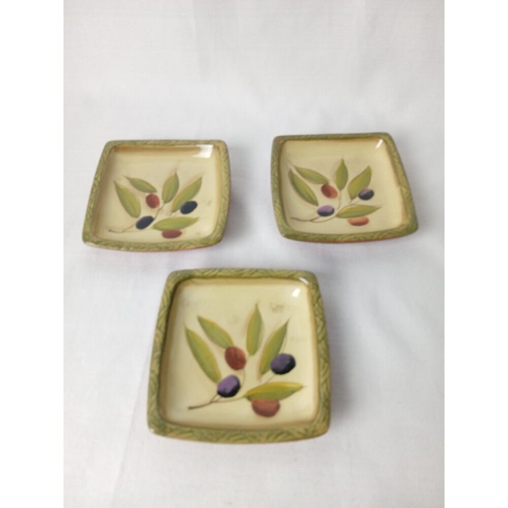 Clay Art Olive Square Appetizer Plates Dishes 4" Set of 3 Hand Painted